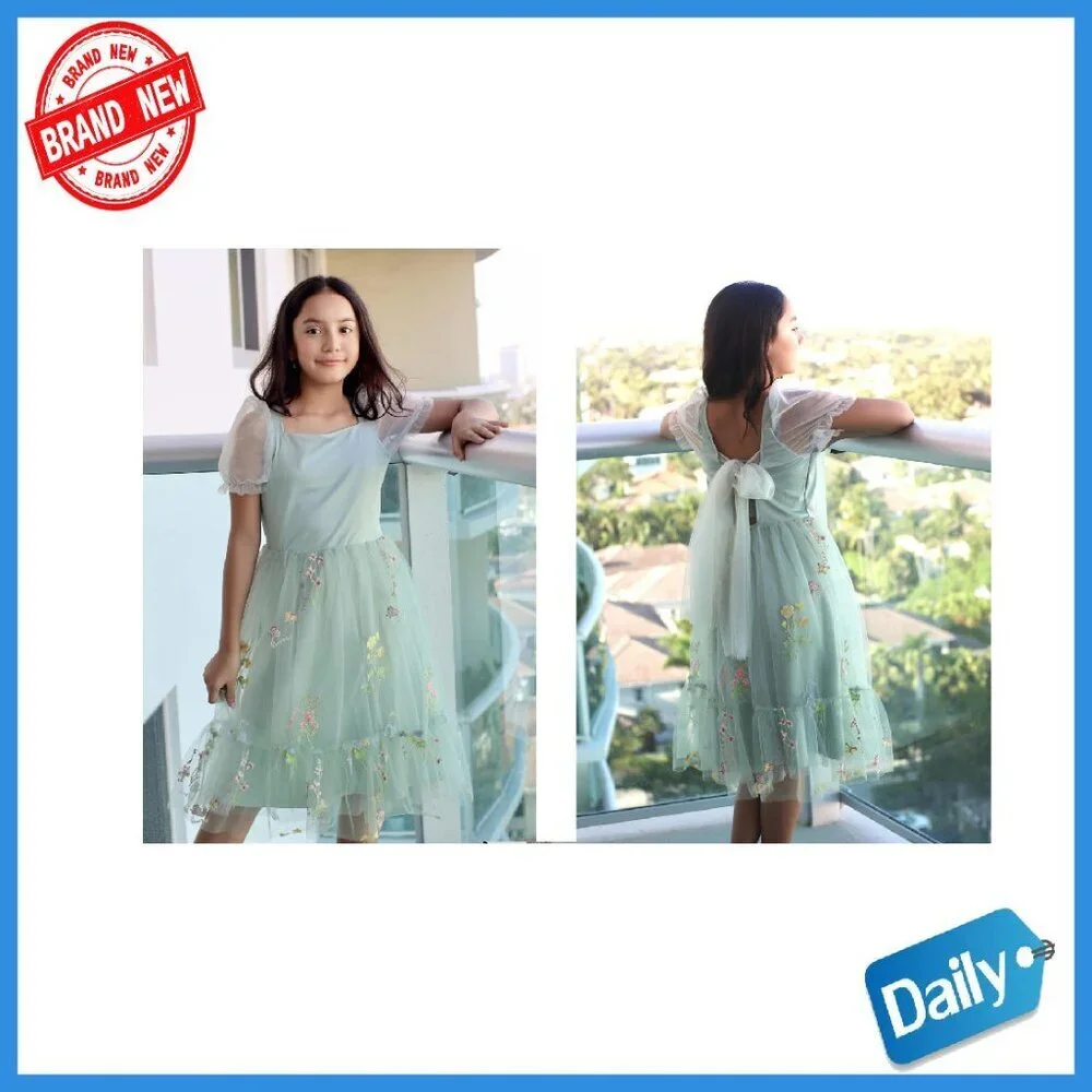 Girls Tulle Dress Puff Sleeve Bow Back Party Holiday Spring Summer Size